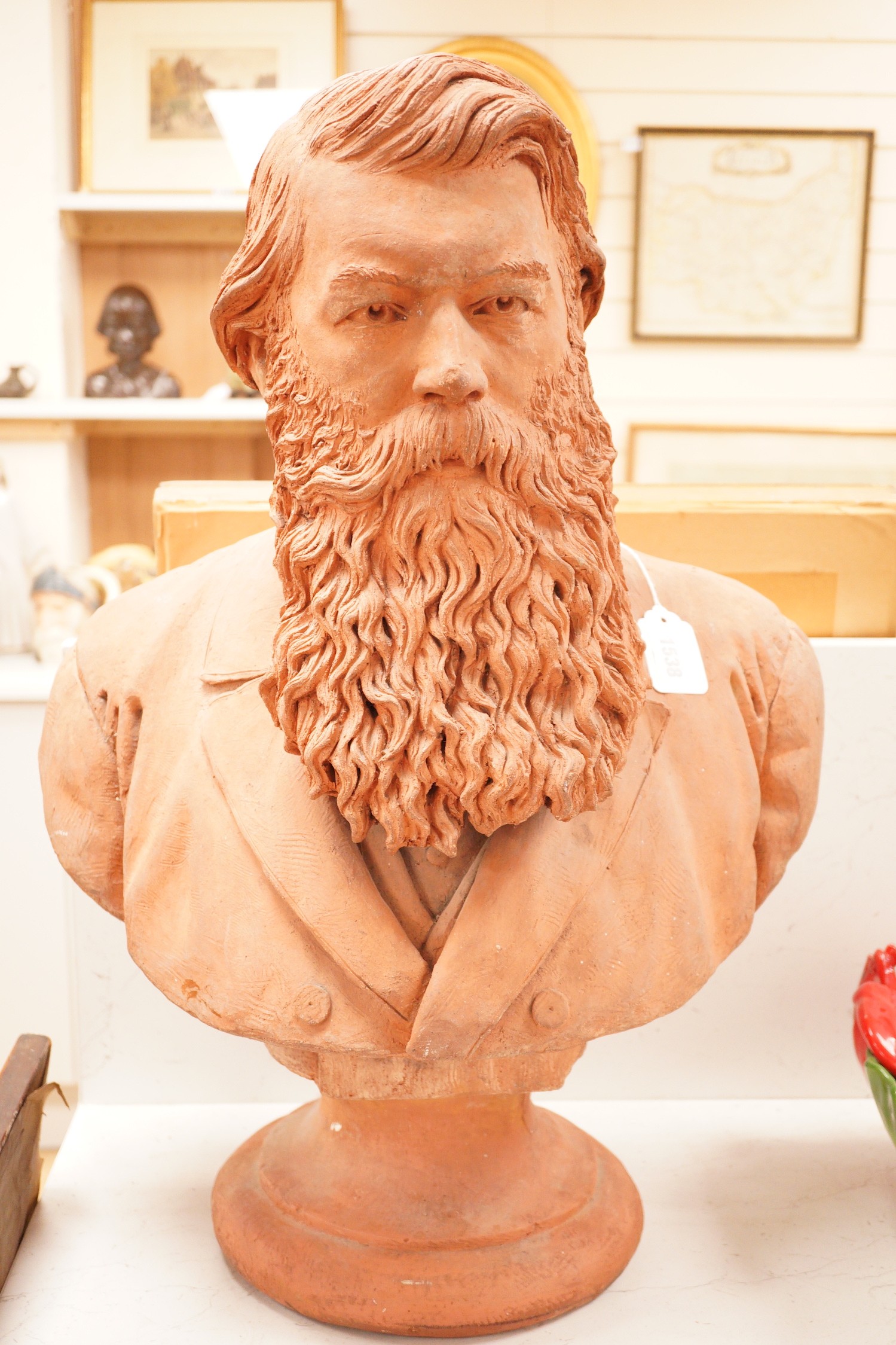 A large terracotta bust of a bearded gentleman, signed and dated H Bain-Smith, London, March 27th 1884, 66cm